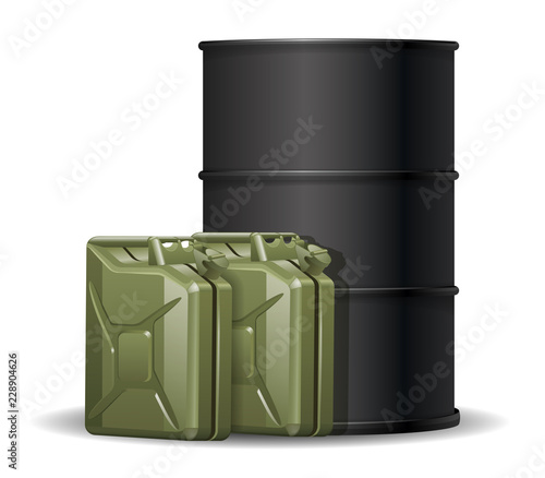 Black barrel for transport petroleum products. Two green fuel canisters for storing gasoline. Fire resistant storage tank. EPS10 vector illustration isolated on white background.
