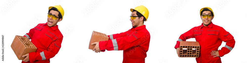 Construction worker with clay bricks on white Construction worker with clay bricks on white