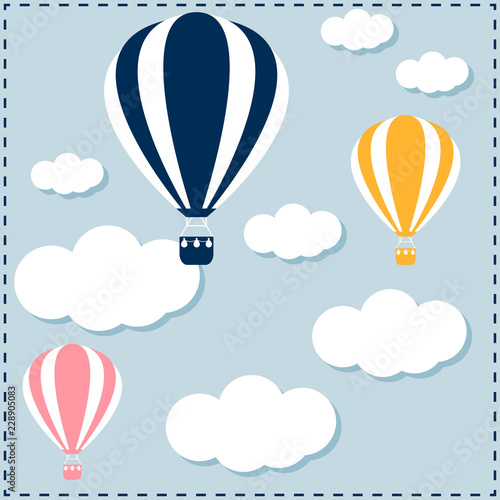 Hot air balloon floating in the sky among the clouds. Abstract swatch for design card, invitation, t shirt, childish poster, banner, billboard, store sale advertising, art workshop poster etc.