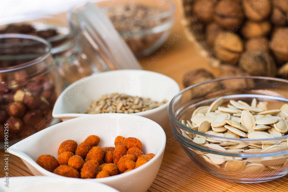 A collection of different dry fruits. Legume family A collection of different dry fruits. Legume family