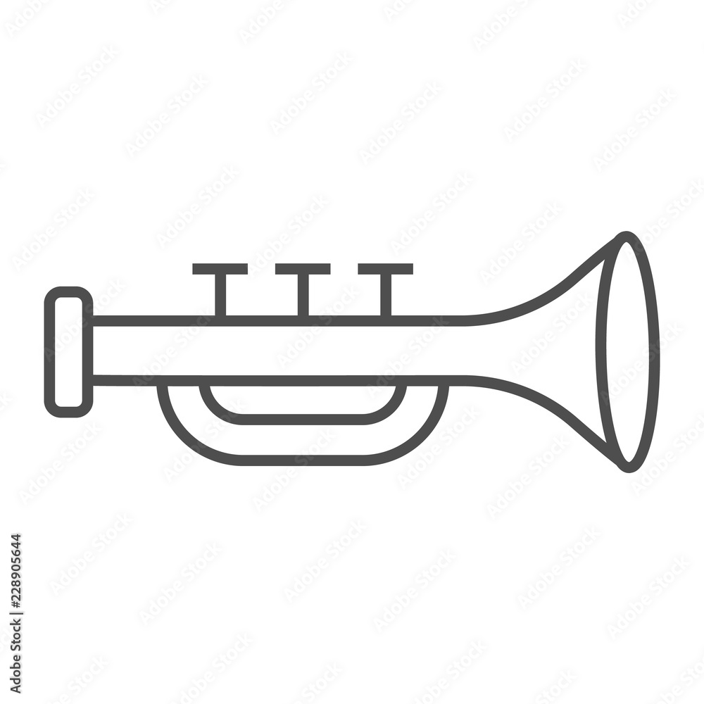 Trumpet thin line icon, musical and instrument, bugle sign, vector graphics, a linear pattern on a white background. Trumpet thin line icon, musical and instrument, bugle sign, vector graphics, a linear pattern on a white background.