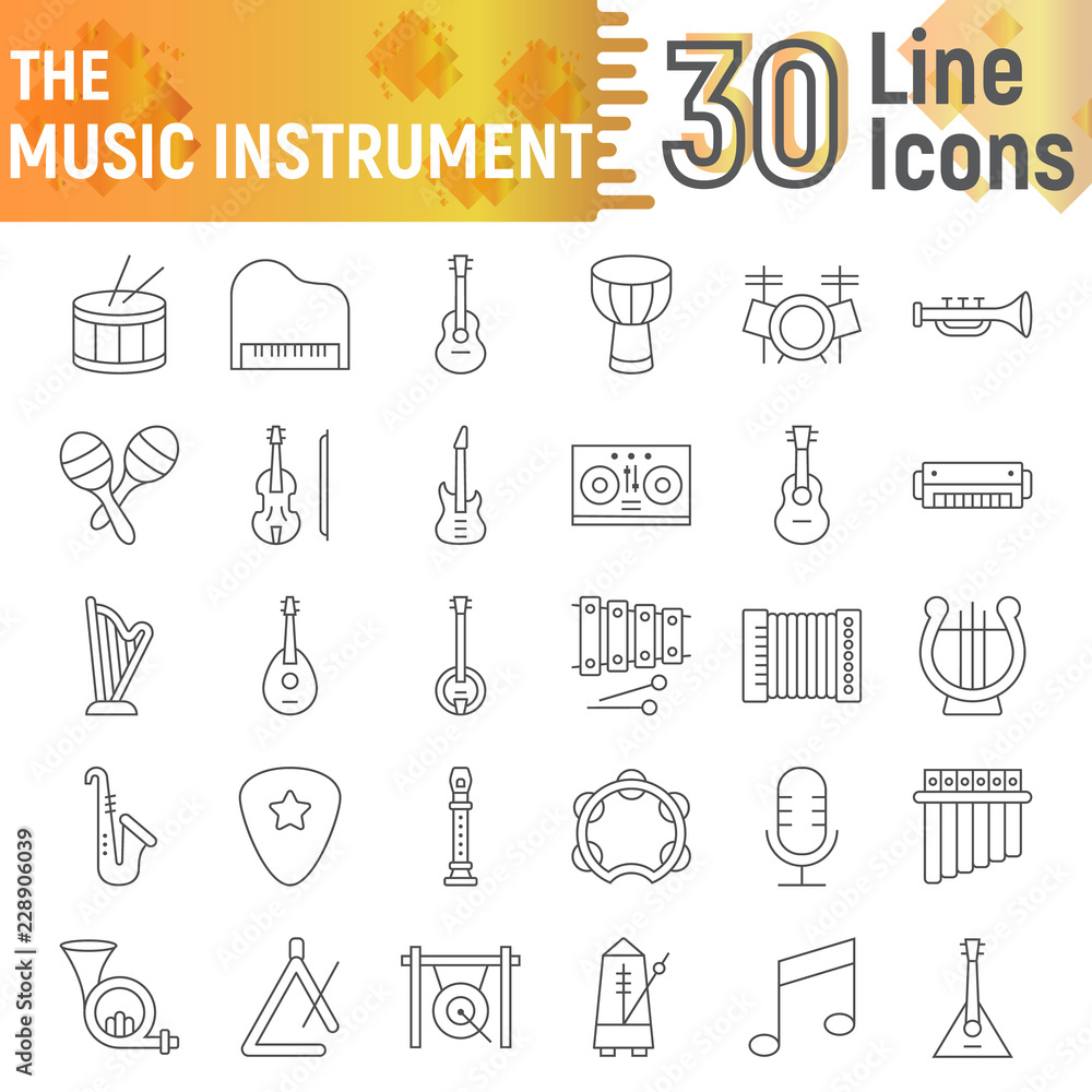 Music instrument thin line icon set, musical symbols collection, vector sketches, logo illustrations, sound signs linear pictograms package isolated on white background.