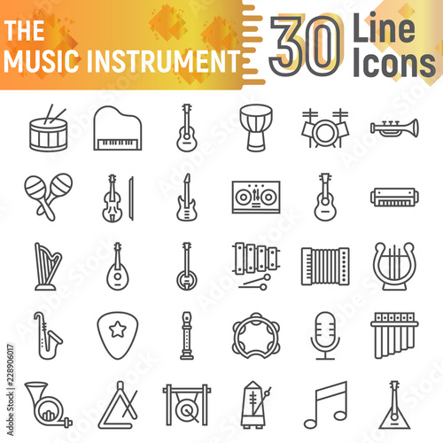 Music instrument line icon set, musical symbols collection, vector sketches, logo illustrations, sound signs linear pictograms package isolated on white background.