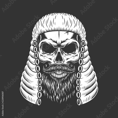 Vintage monochrome skull in judge wig