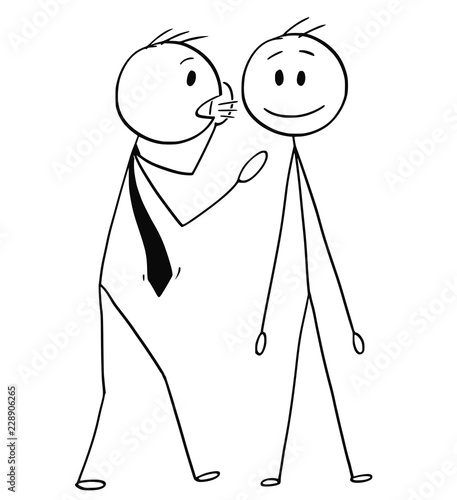Cartoon stick drawing conceptual illustration of banker or businessman whispering a secret or advice in the ear of client or customer.