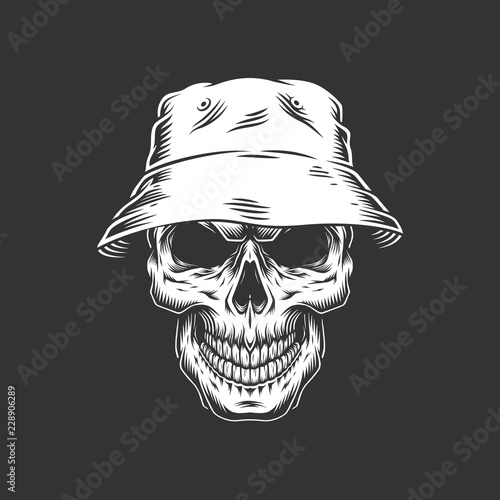 Vintage monochrome skull in panama hat
