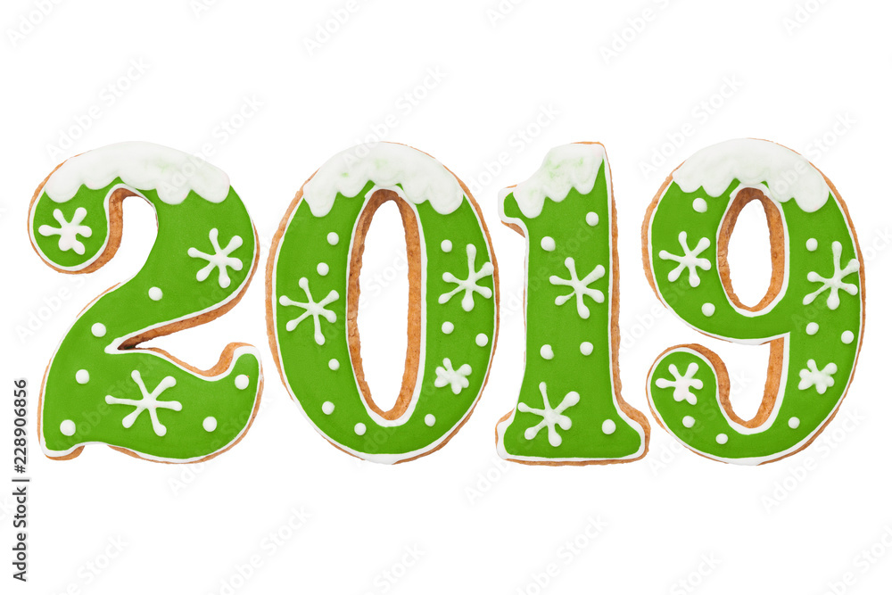 Naklejka premium Number 2019, New Year gingerbread, green icing, isolated on white background