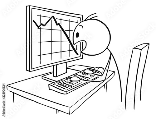 Cartoon stick drawing conceptual illustration of man or businessman working on computer and watching in panic falling graph or chart on the screen.