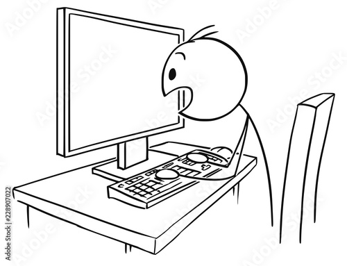 Cartoon stick drawing conceptual illustration of man or businessman working on computer and watching the screen in panic.