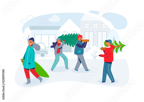 Happy People Carries Christmas Trees
