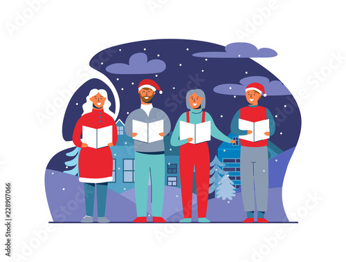 Cheerful People in Santa Hats Singing Christmas Carols. Winter Holidays Characters on Snowy Background. Xmas Singers. Vector illustration