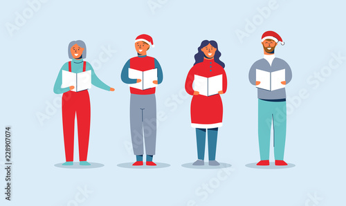 Happy People in Santa Hats Singing Christmas Carols. Winter Holidays Characters. Xmas Singers Caroling Choir Man and Woman. Vector illustration