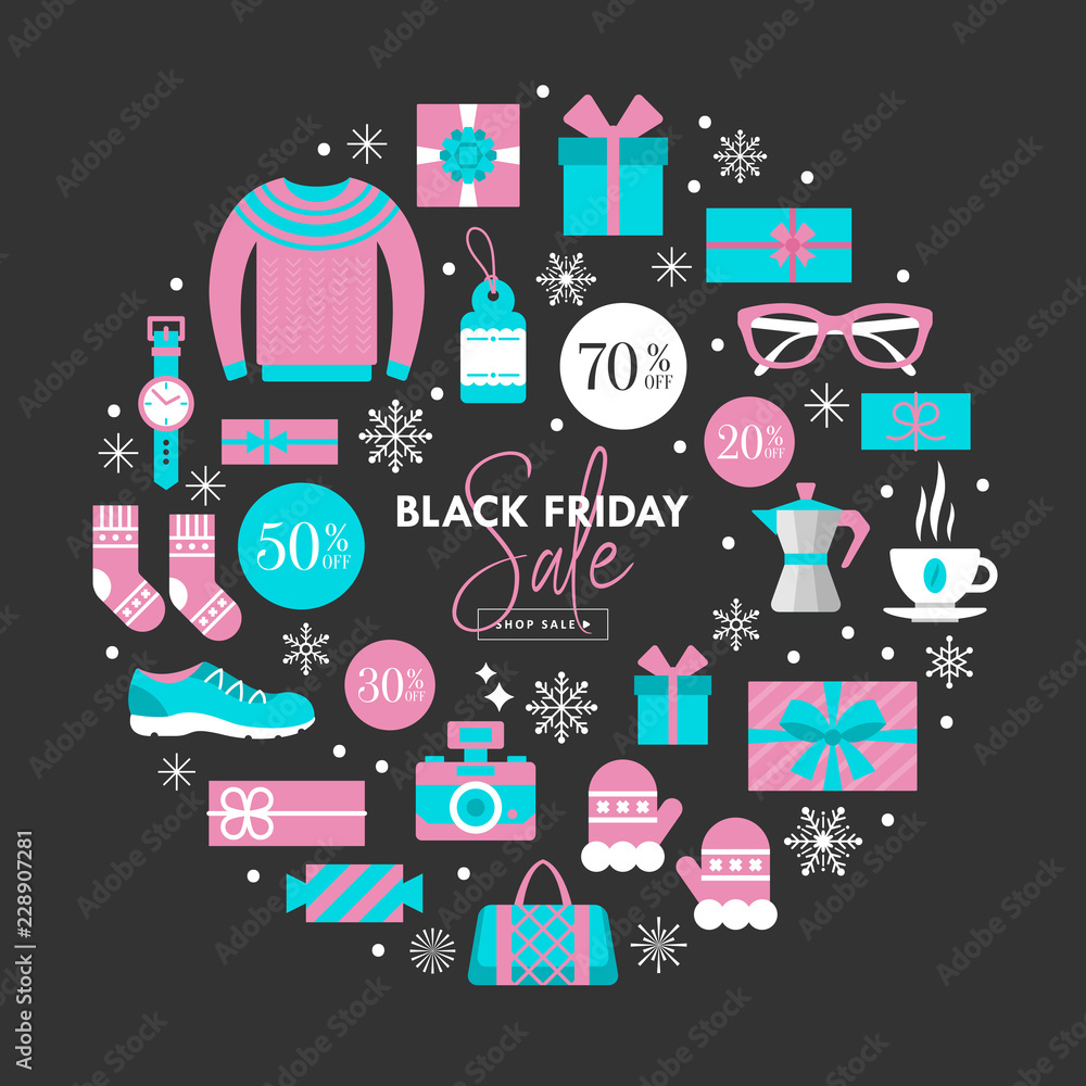 Black Friday sale banner design with shopping icons set