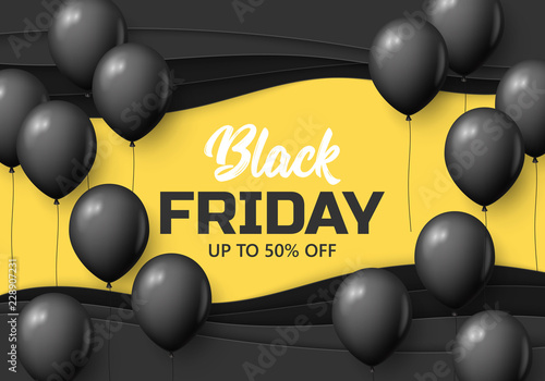 Black Friday sale banner design with balloon  background
