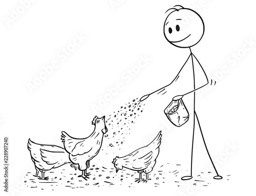 Cartoon stick drawing conceptual illustration of man or farmer feeding group of chickens or hens.