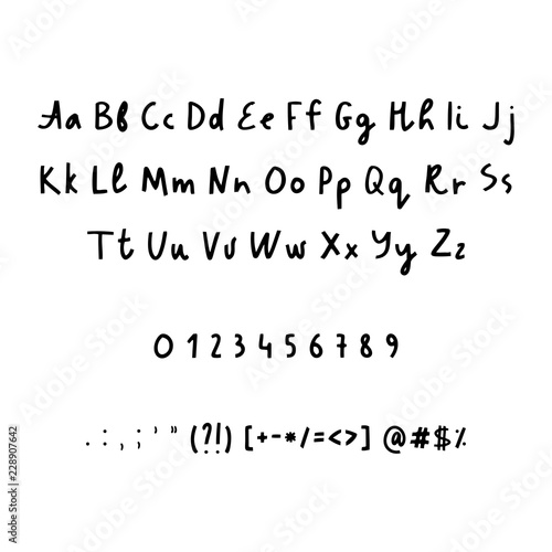 Hand drawn alphabet numbers and punctuation marks. Rustic font. Vector ABC