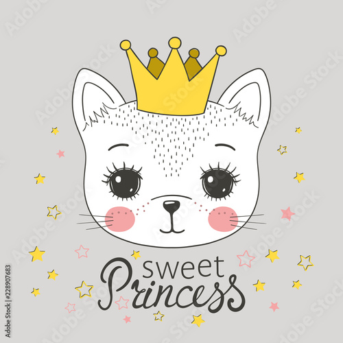 Cute cat girl face with crown. Sweet Princess slogan. Vector illustration for children print design, kids t-shirt, baby wear