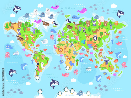 Vector illustration of world map with animals for kids. Flat design.