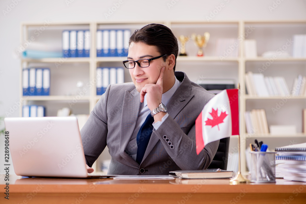 Businessman with Canadian flag in office Businessman with Canadian flag in office