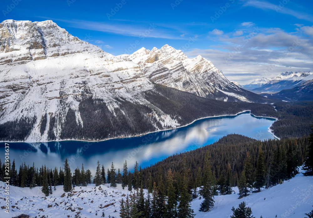 View of Peyto Lake in Banff National Park after the first snow of winter. 