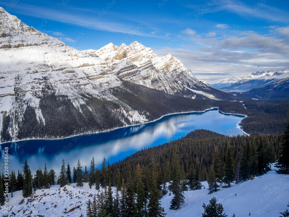 View of Peyto Lake in Banff National Park after the first snow of winter. 