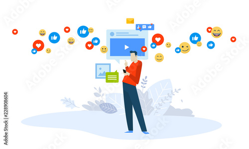 Vector illustration concept of video marketing, streaming. Creative flat design for web banner, marketing material, business presentation, online advertising.