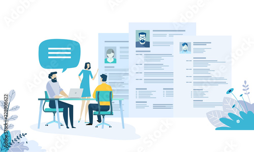 Vector illustration concept of human resources, career, employment, CV, job search, professional skill. Flat design for web banner, marketing material, business presentation, online advertising.