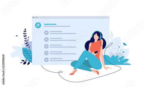 Vector illustration concept of entertainment, music applications, playlist, online songs, radio stations. Flat design for web banner, marketing material, business presentation, online advertising.
