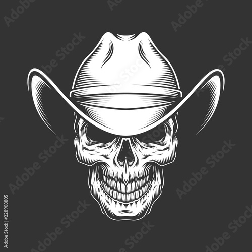 Vintage monochrome skull in cowboy hat