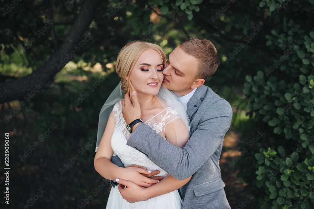Fototapeta premium Beautiful newlyweds hugging and smiling cute in a park with green trees. Wedding portrait of a cheerful bride and gentle bride. Wedding photography.