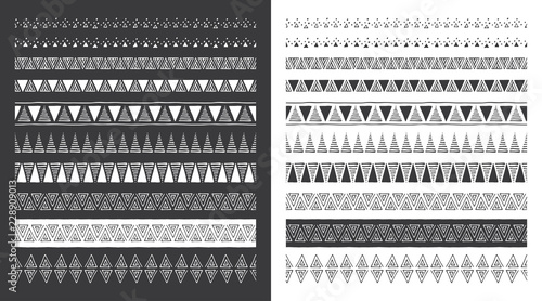 Set of decorative hand drawn vector borders. Hand drawn tribal and geometric design elements. Pattern brushes included.