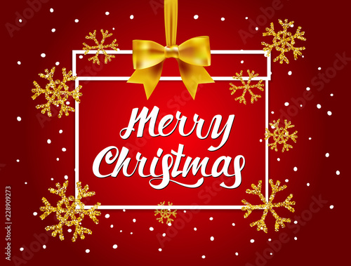 Merry Christmas  lettering card on red background with christmas gift and Gold glitter texture with snowflakes . Vector design template background for golden shimmer Xmas card. Vector Illustration