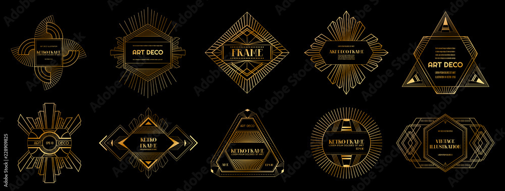 Set of Art deco borders and frames. Geometric template in 1920s Gatsby style for your design, wedding card, cover, banner decoration. Vector illustration EPS 10 - obrazy, fototapety, plakaty 