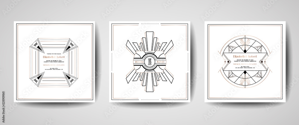 Fototapeta premium Art deco luxury wedding Save the Date, invitation cards collection with gold geometric frames. Vector trendy cover, graphic poster, gatsby 1920 brochure, design template