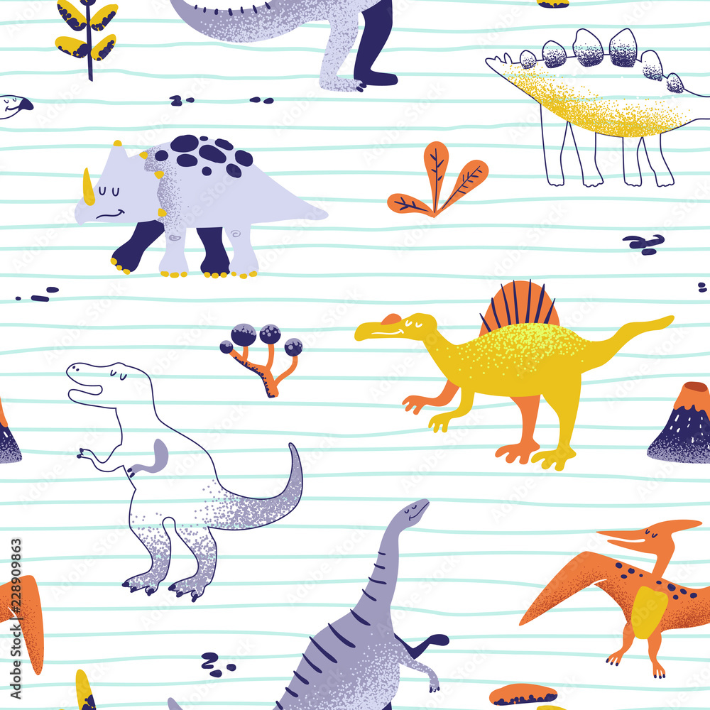 Obraz premium Seamless cute cartoon dinosaurs pattern. Vector baby dino background texture. Backdrop for textile, fabric, wallpaper print