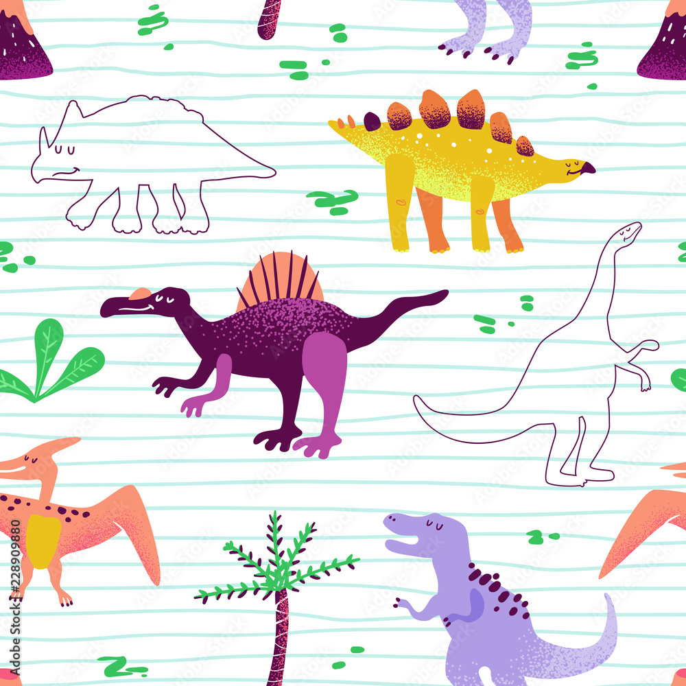 Seamless cute cartoon dinosaurs pattern. Vector baby dino background  texture. Backdrop for textile, fabric, wallpaper print Stock Vector | Adobe  Stock