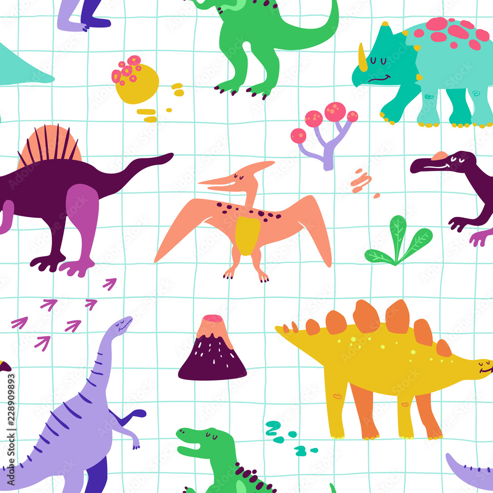 Seamless cute cartoon dinosaurs pattern. Vector baby dino background texture. Backdrop for textile, fabric, wallpaper print Seamless cute cartoon dinosaurs pattern. Vector baby dino background texture. Backdrop for textile, fabric, wallpaper print