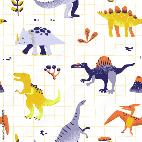 Seamless cute cartoon dinosaurs pattern. Vector baby dino background texture. Backdrop for textile, fabric, wallpaper print