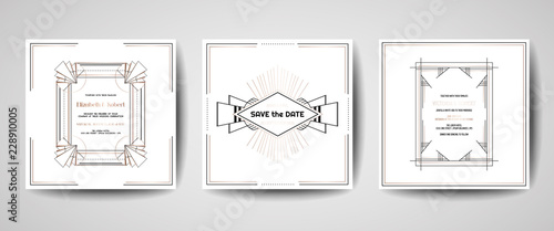 Art deco luxury wedding Save the Date, invitation cards collection with gold geometric frames. Vector trendy cover, graphic poster, gatsby 1920 brochure, design template