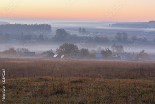 Autumn serene landscape. Fields and distant trees in mist at sunrise copyspace