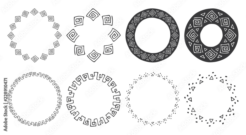 Set of hand drawn round frames. Tribal and geometric decorative design elements. Circle ornaments. Hand drawn clip art.