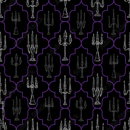 Seamless Spooky Halloween White & Gray Monochrome Candelabras and Purple Geometric Lines on Black