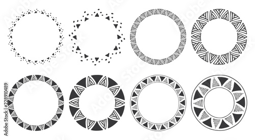 Set of hand drawn round frames. Tribal and geometric decorative design elements. Circle ornaments. Hand drawn clip art.