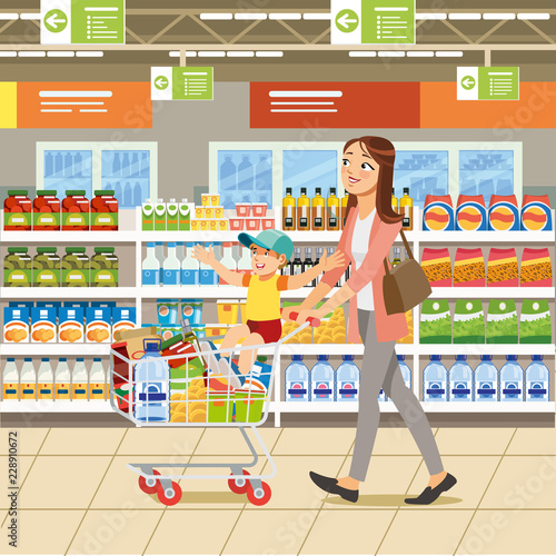 Shopping with Family Cartoon Vector Concept