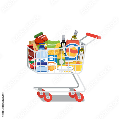 Shopping Cart Full of Food Isolated Flat Vector