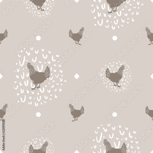 Seamless Vector Modern Farmhouse Chicken and White Egg Polka Dot Print in Tan & Brown