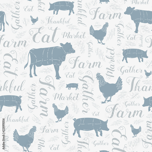Seamless Vector Modern Farmhouse Cow, Chicken, and Pig Pattern in Blue, Gray, & Silver