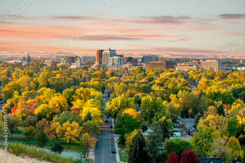 Beautiful little city of Boise Idaho with autumn trees abound photo