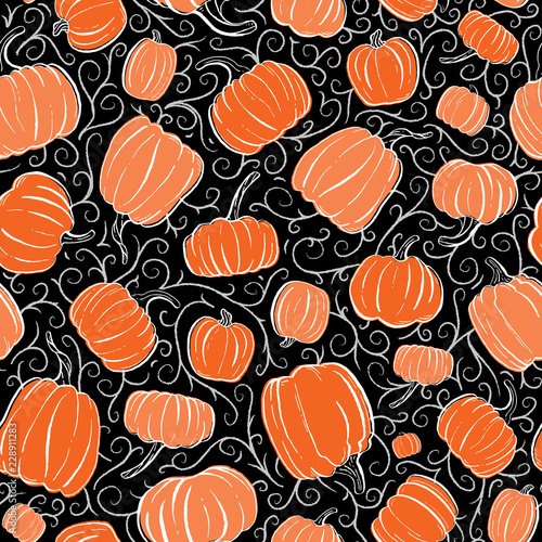 Seamless Vector Pretty Orange and Tangerine Hand Inked Pumpkins on Black with Gray Tendrils. Perfect for Parties, Textiles, Home Decor, Scrapbooking, Invitations, Stationery, and Fabric.