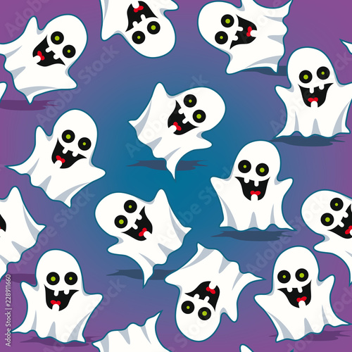 Halloween seamless doodle pattern  the smiling ghosts  texture. Vector illustration.